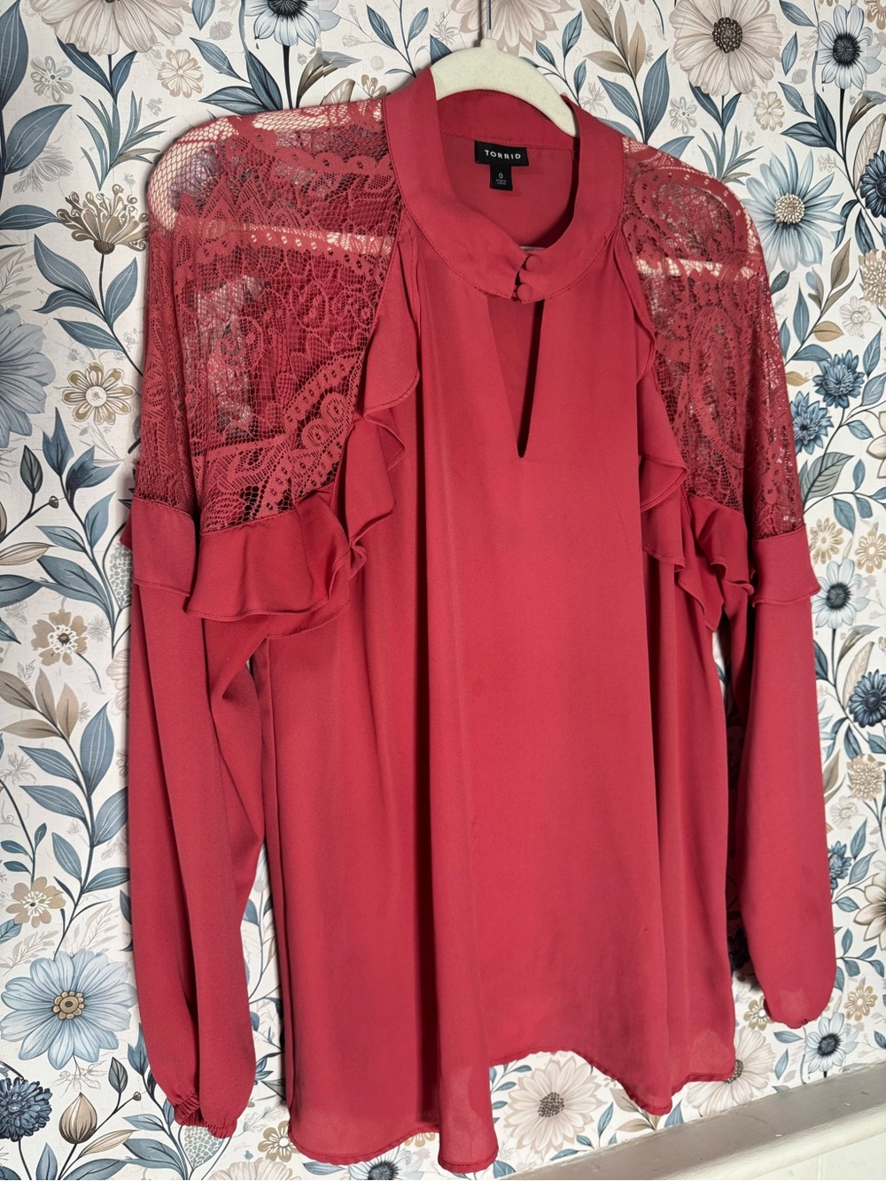 Torrid Lace Yoke Ruffle Blouse in Coral